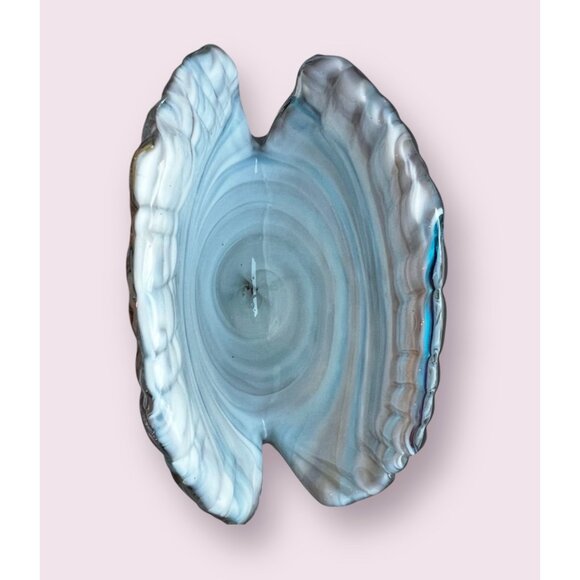 Handcrafted Blown Glass Shell Sculpture With Oceanic Swirls On Clear Base - Picture 2 of 7
